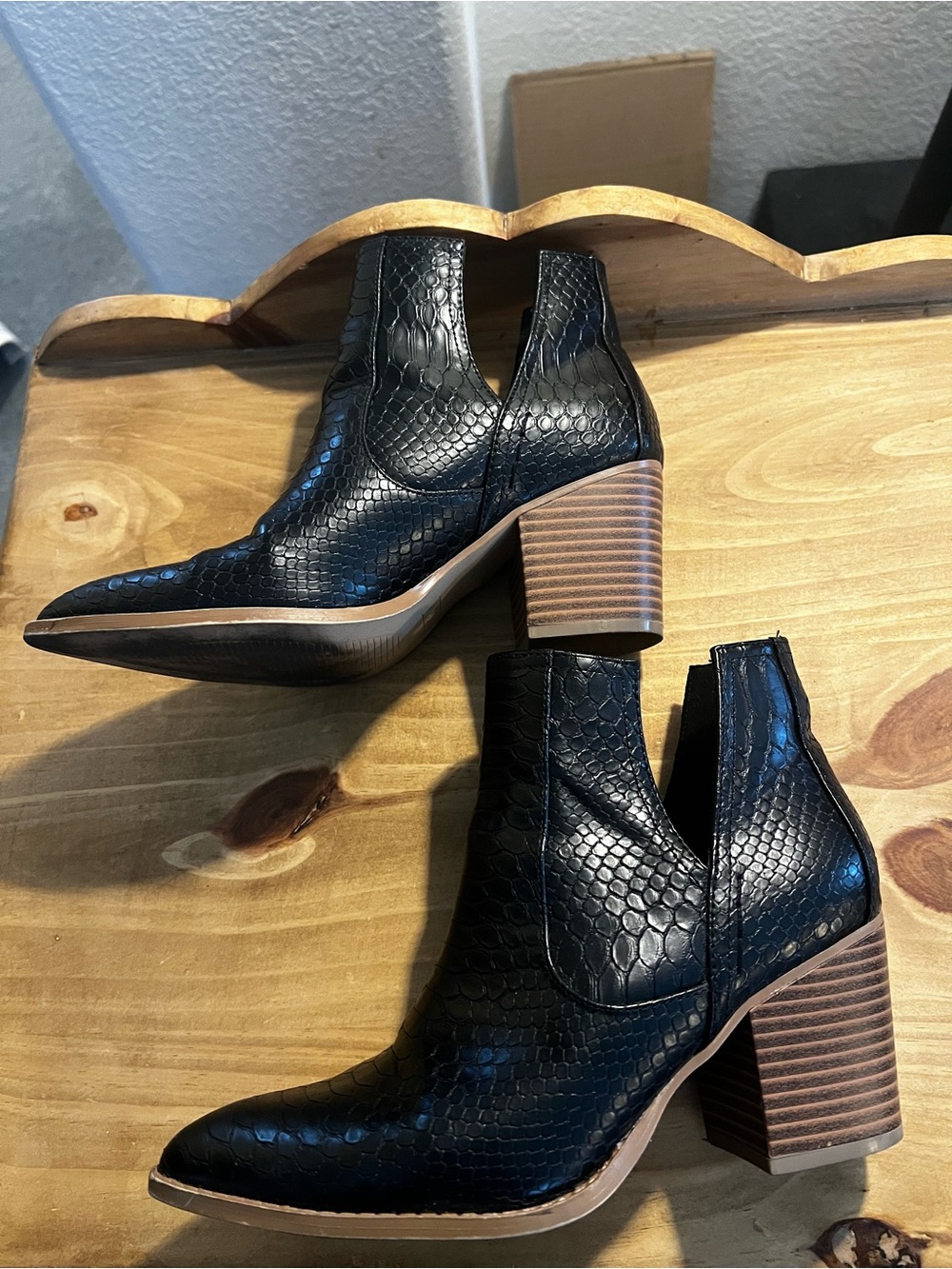 Women’s Black Textured Ankle Boots with Block Heel